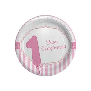 ART. P142 SET 8 PIATTI BUON PRIMO COMPLEANNO ROSA DIAMETRO 18 CM PER PARTY, FESTA, COMPLEANNO