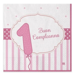 ART. P144 SET 20 TOVAGLIOLI BUON PRIMO COMPLEANNO ROSA MISURE 33 X 33 PER PARTY, FESTA, COMPLEANNO