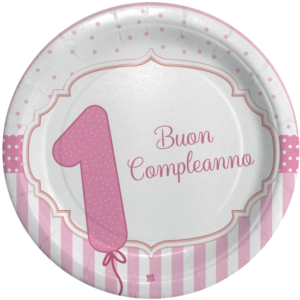 ART. P141 SET 8 PIATTI BUON 1 COMPLEANNO ROSA DIAMETRO 24 CM PER PARTY, FESTA, COMPLEANNO