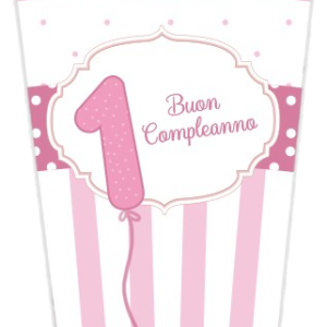 ART. P143 SET 8 BICCHIERI BUON PRIMO COMPLEANNO ROSA 200CC PER PARTY, FESTA, COMPLEANNO