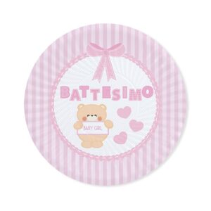 ART. P149 SET 8 PIATTI BATTESIMO TEDDY ROSA DIAMETRO 24 CM PER PARTY, FESTA, BATTESIMO
