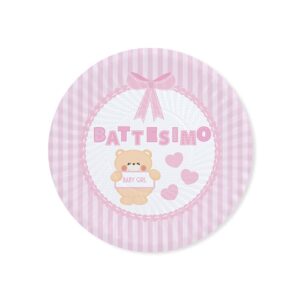 ART. P150 SET 8 PIATTI BATTESIMO TEDDY ROSA DIAMETRO 18 CM PER PARTY, FESTA, BATTESIMO