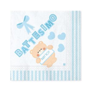ART. P156 SET 20 TOVAGLIOLI BATTESIMO TEDDY CELESTE 33 X 33 CM PER PARTY, FESTA, BATTESIMO