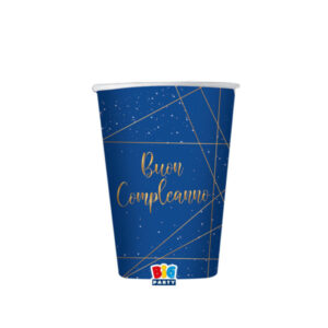 ART. P174 SET 8 BICCHIERI BUON COMPLEANNO BLUE GOLD 200 CC PER PARTY, FESTA, COMPLEANNO