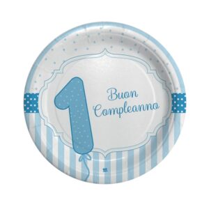 ART. P146 SET 8 PIATTI BUON PRIMO COMPLEANNO CELESTE DIAMETRO 18 CM PER PARTY, FESTA, COMPLEANNO
