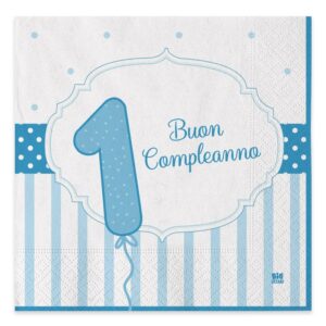 ART. P148 SET 20 TOVAGLIOLI BUON PRIMO COMPLEANNO CELESTE 33 X 33 PER PARTY, FESTA, COMPLEANNO