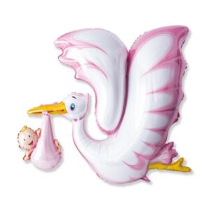 ART. P266 PALLONCINO MYLAR A FORMA CICOGNA ROSA 106 X 94 CM PER PARTY,FESTA, NASCITA