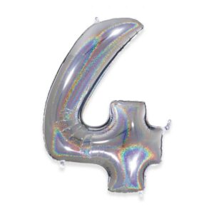 ART.P352  PALLONCINO MYLAR NUMERO 4 ARGENTO  GLITTER 102CM 40" PER PARTY, FESTA, COMPLEANNO