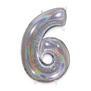 ART. P354  PALLONCINO MYLAR NUMERO 6 ARGENTO  GLITTER 102CM 40" PER PARTY, FESTA, COMPLEANNO