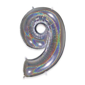 ART. P357  PALLONCINO MYLAR NUMERO 9  ARGENTO  GLITTER 102CM 40" PER PARTY, FESTA, COMPLEANNO