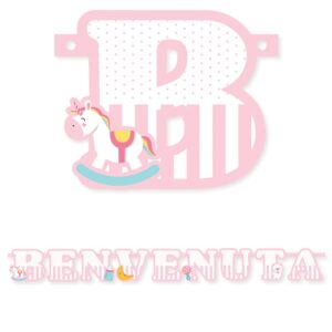 ART. P475  FESTONE SCRITTA ITALIC BENVENUTA ROSA 137 X 15 CM PER PARTY, FESTA, NASCITA