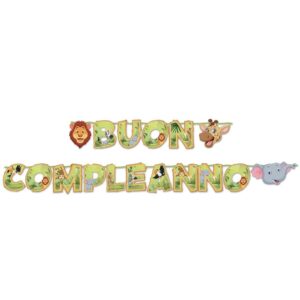 ART. P479 KIT SCRITTA MAXI BUON COMPLEANNO JUNGLE 600 X 25 CM PER PARTY, FESTA, COMPLEANNO