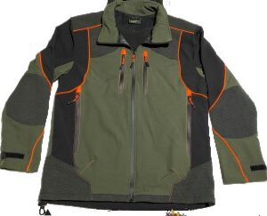ART. 0881VAR GIACCA TECNICA SOFT - SHELL ANTIACQUA/ANTIVENTO TRASPIRANTE CON RIPORTI ANTISTRAPPO, VERDE/ARANCIO PER CACCIA