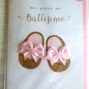 BIGLIETTO HALLMARK BATTESIMO ROSA BAMBINA, CON SCARPETTE ORO