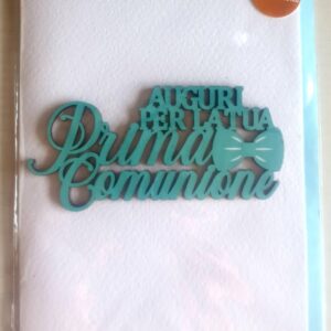 BIGLIETTO HALLMARK PRIMA COMUNIONE CELESTE BAMBINO CON SCRITTA IN LEGNO