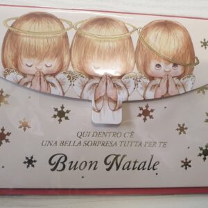 BIGLIETTO NATALE PORTASOLDI CON ANGIOLETTI "QUI DENTRO C'E' UNA BELLA SORPRESA TUTTA PER TE BUON NATALE" PER AUGURI NATALE