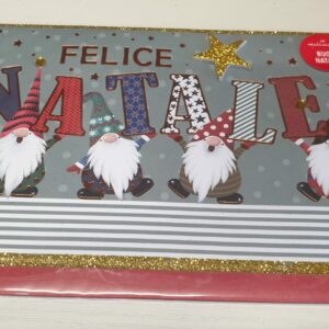 BIGLIETTO NATALE CON GNOMETTI CON SCRITTA FELICE NATALE PER AUGURI NATALE
