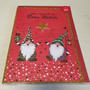 BIGLIETTO NATALE ROSSO CON GNOMETTI E STELLA CENTRALE PER AUGURI NATALE