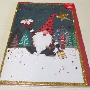 BIGLIETTO GNOMETTO CON ALBERI E TORTA PER AUGURI NATALE