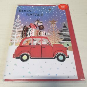 BIGLIETTO NATALE CON MACCHINA, ALBERI E PACCHETTI PER AUGURI NATALE