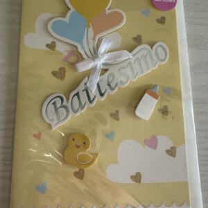 ART. P128817 VIRCA BIGLIETTO BATTESIMO COLORE GIALLO CON CUORI, PAPERELLA, BIBERON
